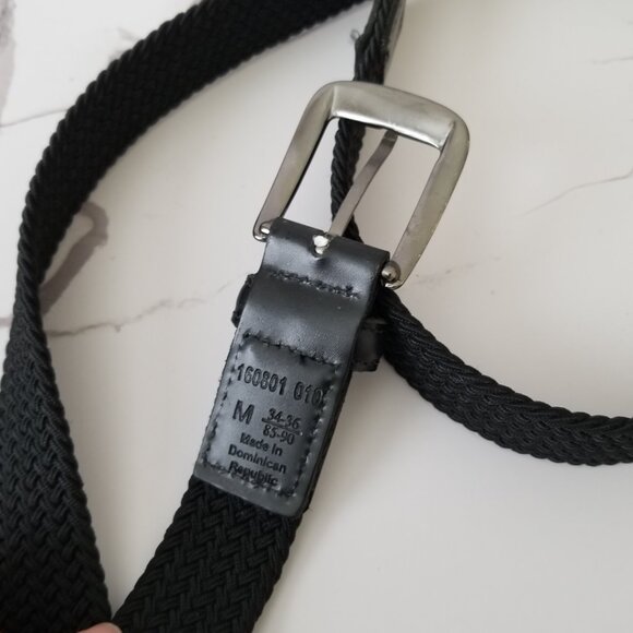 Black Woven Fabric Belt with Brushed Nickel Buckle & Faux Leather Tabs - 34/36 - Picture 9 of 10